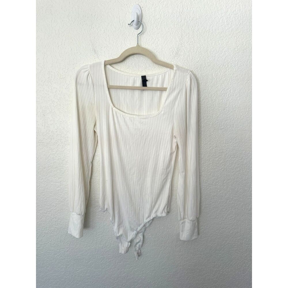 AYLA White Ribbed Square Neck Bodysuit Size Medium